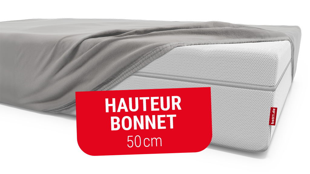 Drap housse BODYGUARD® recouvre à moitié un matelas. Texte : Hauteur bonnet 50 cm