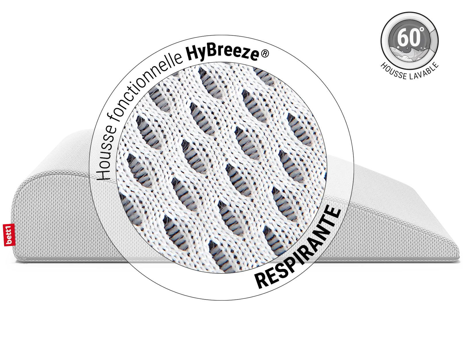 Gros plan sur le tissu HyBreeze® du matelas BODYGUARD®, affichant sa structure aérée avec pictogrammes de lavage à 60 °C et séchage à l’air libre.