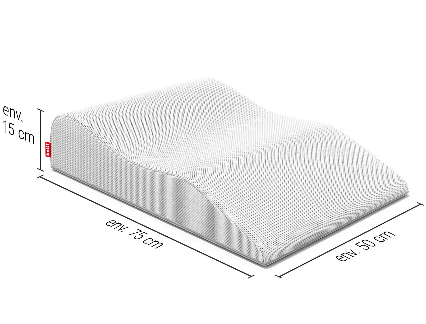 Repose-jambes BODYGUARD®, sur les côtés duquel sont inscrites les dimensions : 75 x 50 x 15 cm (L x l x H)