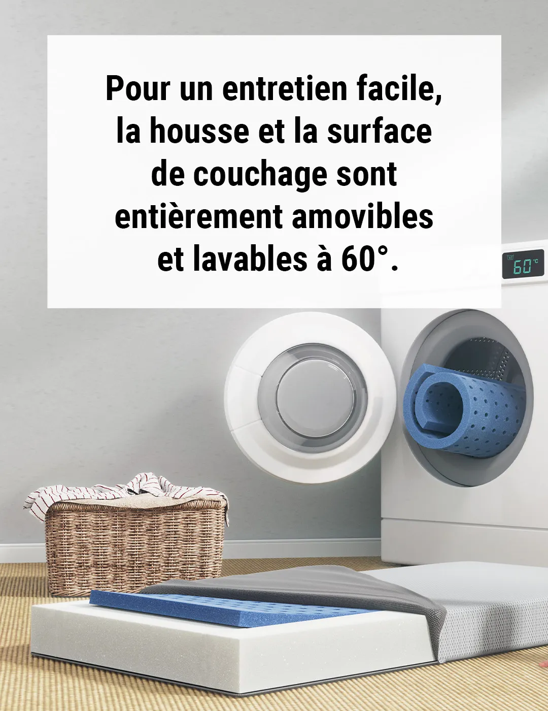 Matelas BODYGUARD® enfant avec mousse bleue partiellement insérée dans un lave-linge. Un encart précise que la housse et la surface de couchage sont lavables à 60 °C.