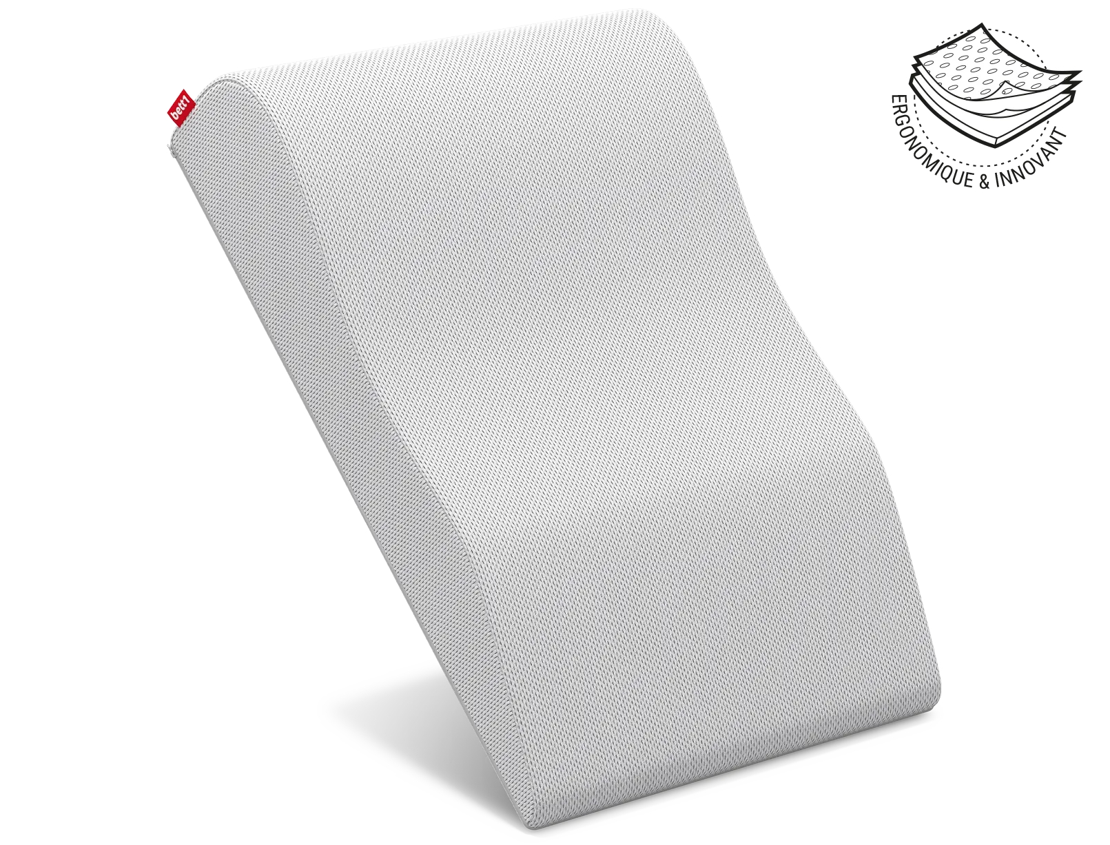 Repose-jambes BODYGUARD® est placé à la verticale et en équilibre sur son côté fin. À côté se trouve l'illustration de la housse du coussin en trois couches avec le texte : ergonomique et innovant.
