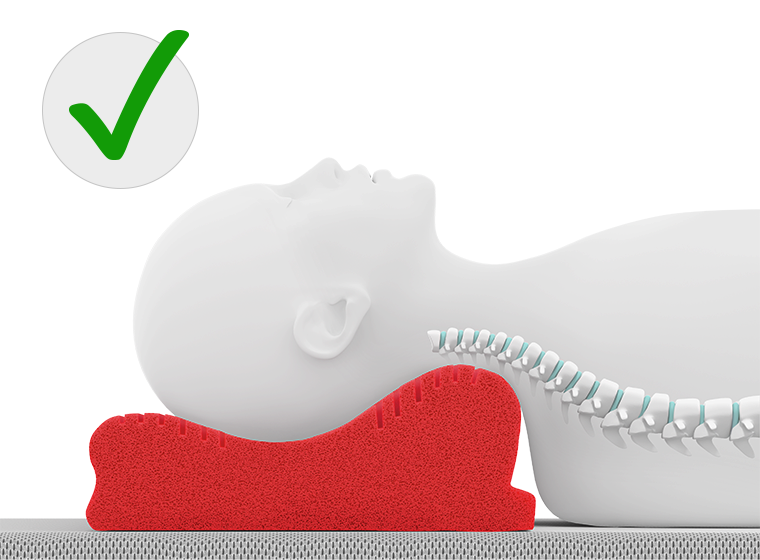 Illustration : mannequin allongé sur le côté repose sur un oreiller ergonomique rouge. La tête, le cou et la colonne vertébrale sont alignés. Un grand symbole de validation vert apparaît en haut à gauche.