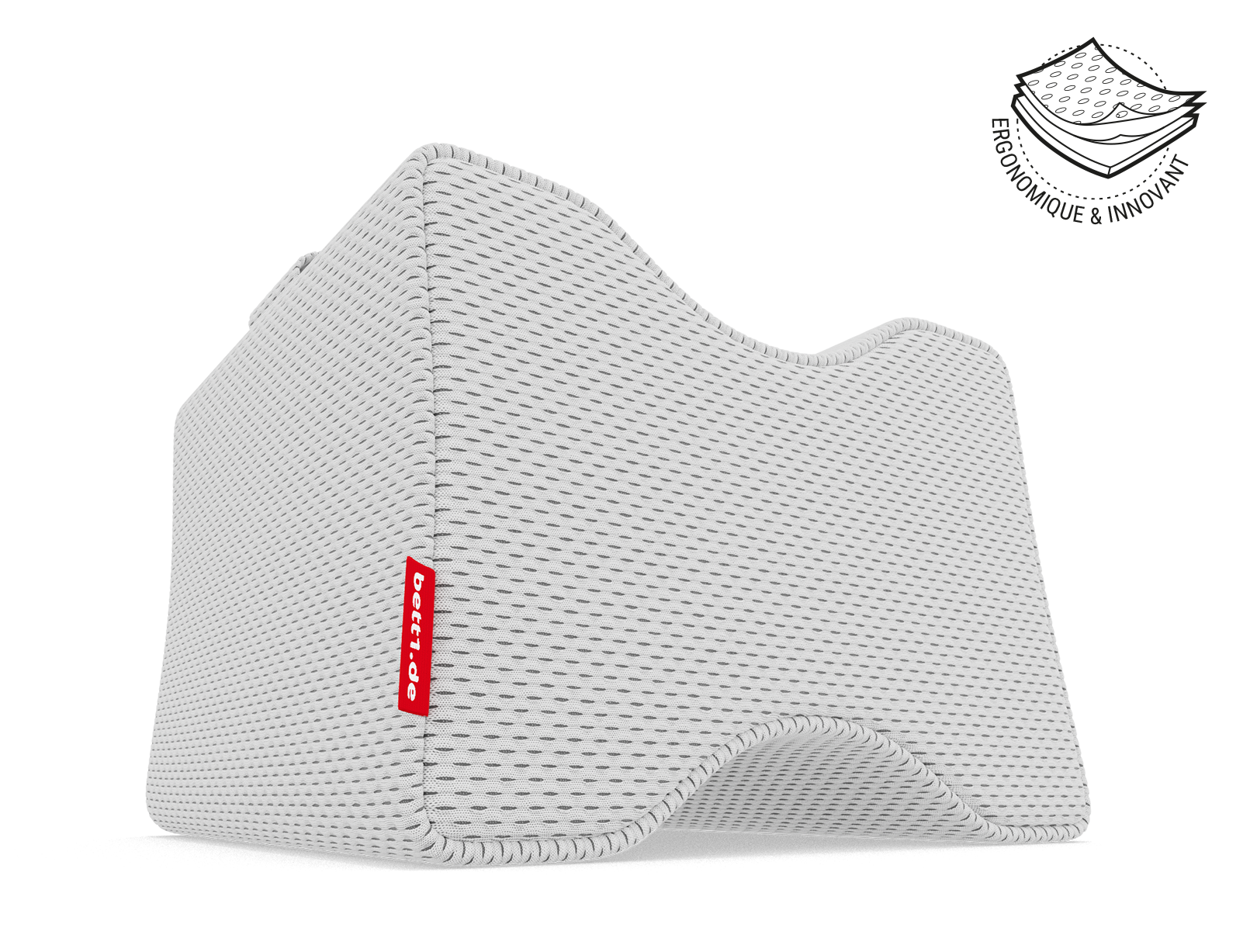 Coussin de genoux BODYGUARD®. À côté se trouve l'illustration de la housse du coussin en trois couches avec le texte : ergonomique et innovant.
