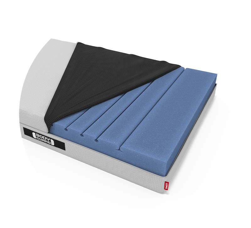 Une coupe du matelas Bodyguard déhoussé avec l'âme du matelas bleue
