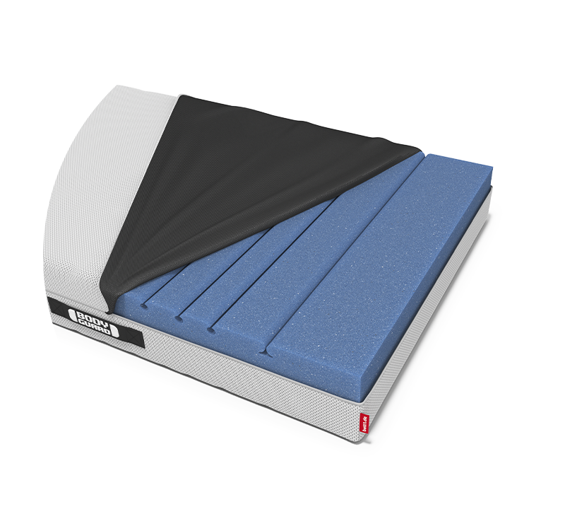 Une coupe du matelas Bodyguard déhoussé avec l'âme du matelas bleue