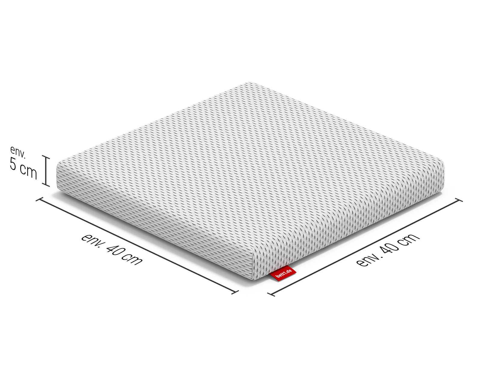 Coussin de chaise BODYGUARD® présenté seul, vu légèrement en perspective. Sa housse blanche à texture respirante et son étiquette rouge bett1 sont bien visibles.