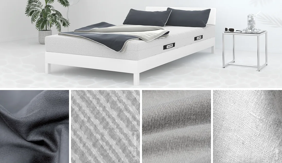 Lit avec linge de lit gris BODYGUARD® ; en bas, zooms sur quatre textures différentes illustrant différents matériaux