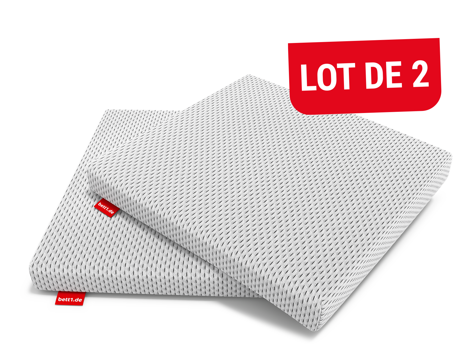 Deux coussins de chaise BODYGUARD® superposés, avec housse blanche texturée. Un encart rouge en haut à droite indique « Lot de 2 ». Les étiquettes rouges bett1 sont visibles.