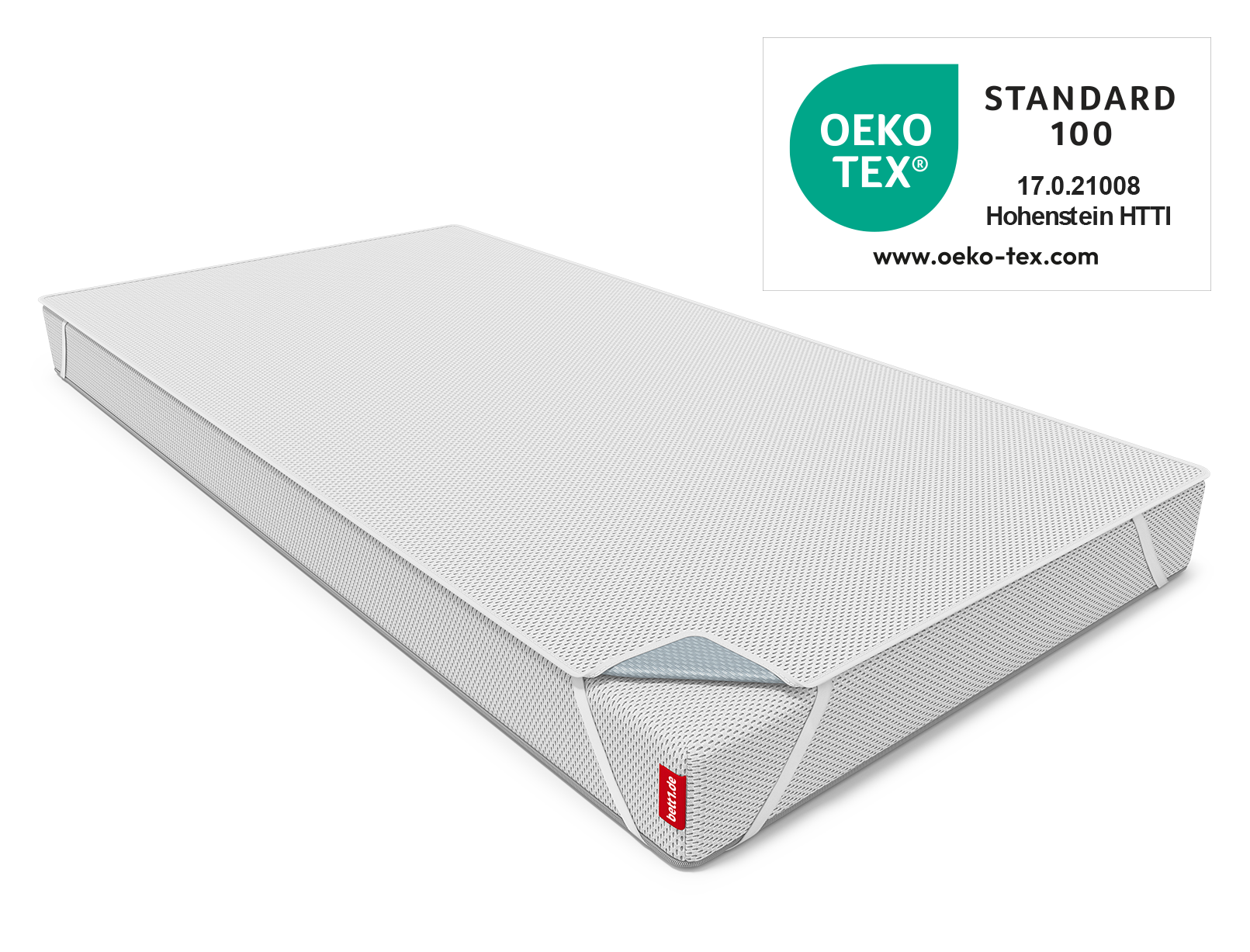 Alèse pour matelas enfant BODYGUARD® sur le matelas enfant BODYGUARD® avec les passants de maintien et le sceau Oeko-Tex® Standard 100 à côté.