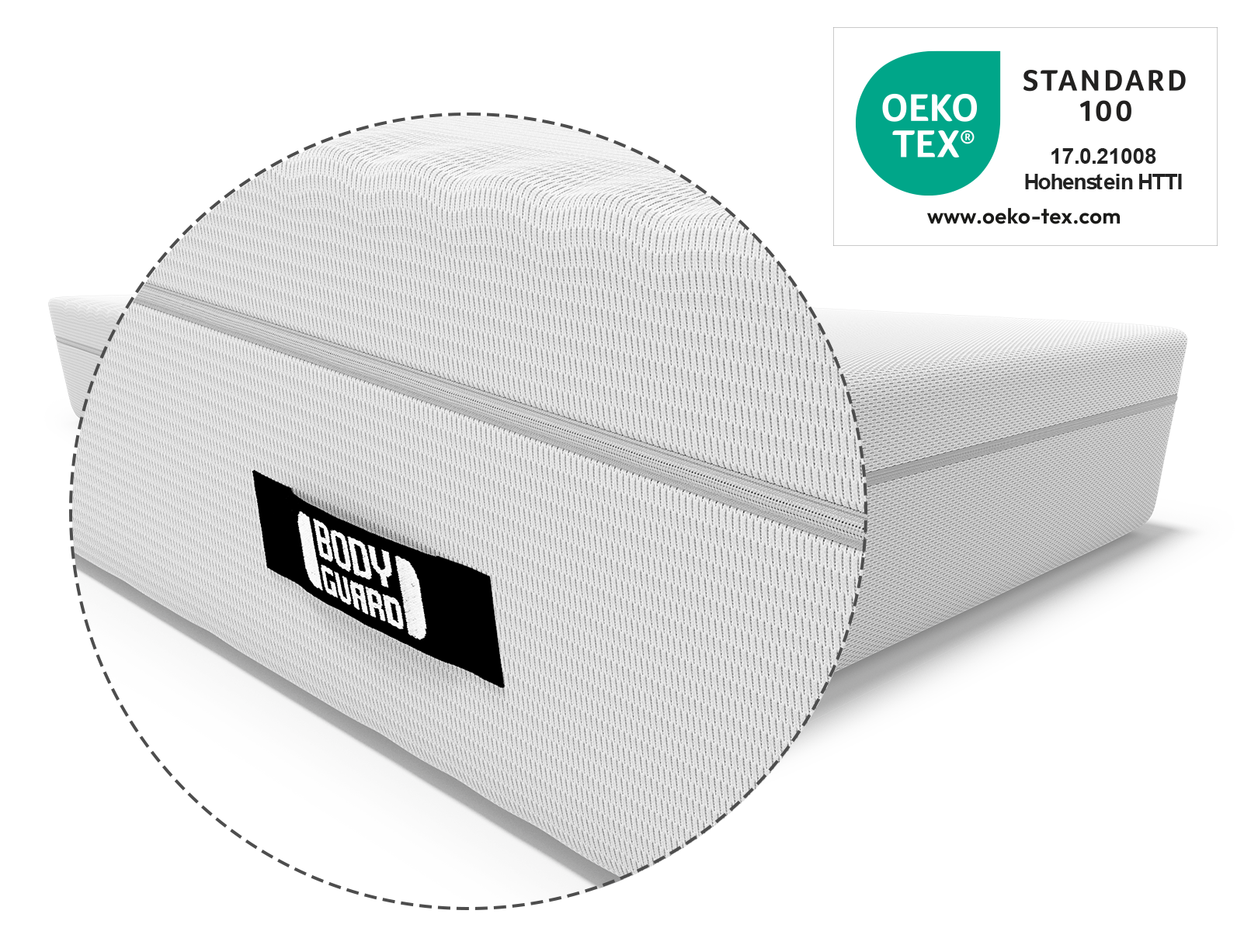 Zoom sur la housse du matelas Boduguard avec étiquette BODYGUARD® et label OEKO-TEX® STANDARD 100 garantissant des matériaux testés contre les substances nocives.