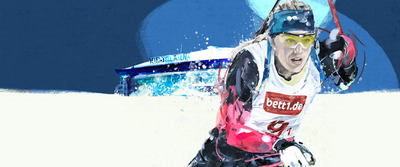 Illustration d’un biathlète en plein effort, portant une combinaison avec logo bett1.de sur la poitrine.
