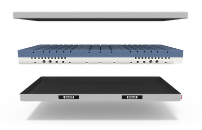 Matelas BODYGUARD®  en trois parties superposées : la moitié de la housse en haut, le noyau du matelas au milieu, l'autre moitié de la housse en bas.