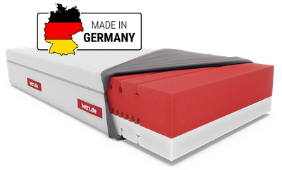 Matelas BODYGUARD® avec mousse rouge en coupe et carte de l’Allemagne aux couleurs du drapeau, symbolisant la fabrication allemande.