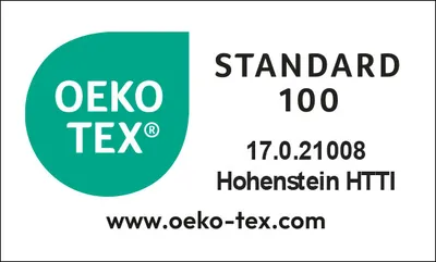 Le label Oeko-Tex®, incluant l'inscription : "Standard 100, 17.0.21008, Hohenstein HTTI, www.oekotex.com".