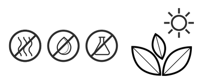 Illustration : Quatre symboles classés les uns à côté des autres : une plante sous un soleil. A côté, barrés : un flacon d'Erlenmeyer, une goutte d'eau, trois lignes ondulées.