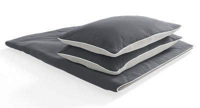 Le linge de lit en satin BODYGUARD® est posé sur une couette pliée avec un oreiller dessus. Le label Oeko-Tex®. Illustration d'une main qui ferme une fermeture éclair. Texte : facile à enfiler