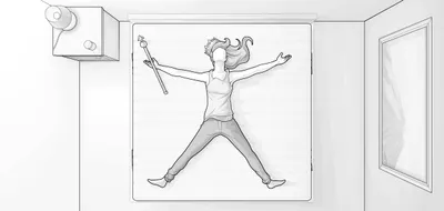 Illustration in Vogelperspektive: Auf einer Matratze 200x200 cm liegt mit ausgebreiteten Armen und Beinen eine Person in Rückenlage.