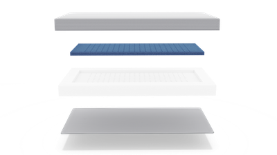 Matelas bébé SuperBreeze en quatre parties : en haut, la moitié de la housse, en dessous, la surface de couchage amovible au-dessus du support en mousse avec bord renforcé, en bas, l'autre moitié de la housse.
