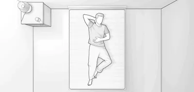 Illustration in Vogelperspektive: Eine Person liegt mittig auf einer Matratze 140x200 cm.
