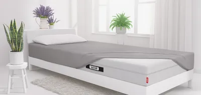 drap housse en jersey gris Bodyguard sur un matelas BODYGUARD dans une chambre