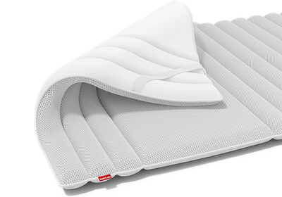 Surmatelas BODYGUARD sur le matelas BODYGUARD. Deux flèches en forme de cercle mettent les élastiques de maintien en avant